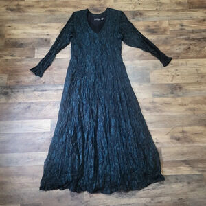 Vintage 1990's Whimsical Sheer Blue Lace Pleated Long Sleeve Midi Dress Size L